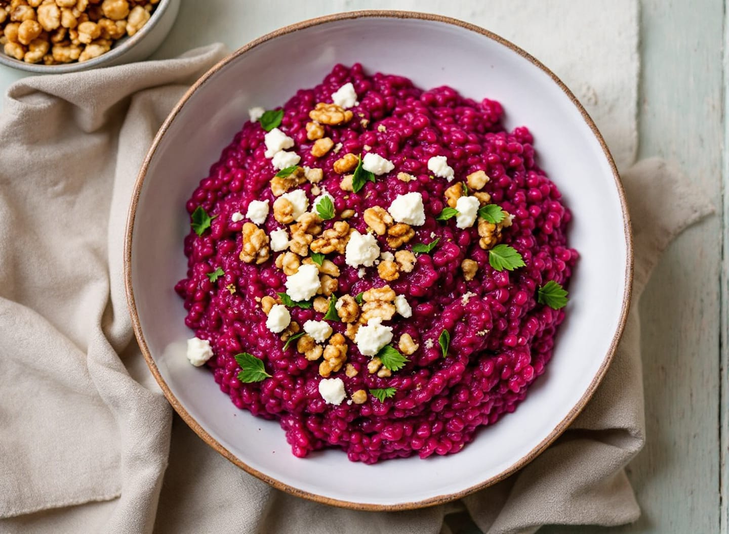 A wide shallow bowl of deep magenta beetroot and barley risotto topped with white goat cheese, walnuts and green herbs.
