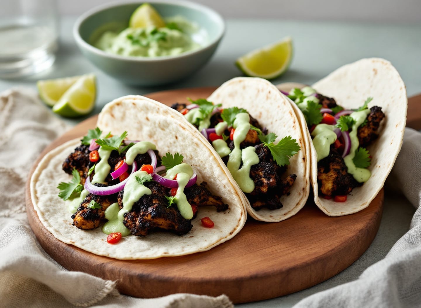 Four soft corn tortillas filled with blackened cauliflower florets, pale green lime crema, pink pickled onion and coriander.