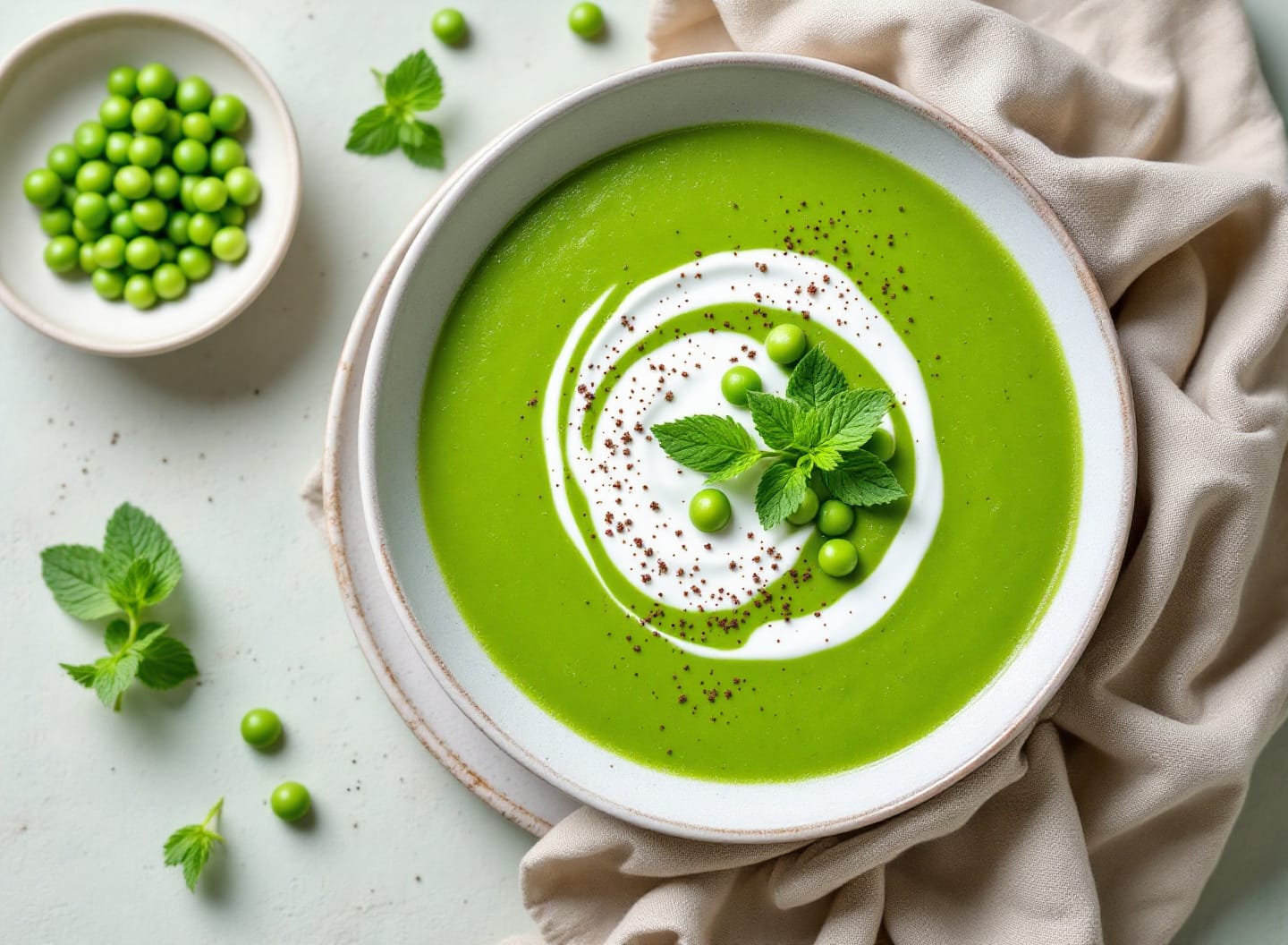 A wide shallow bowl of vivid green pea and mint soup with a swirl of cream, whole peas and small mint leaves on top.