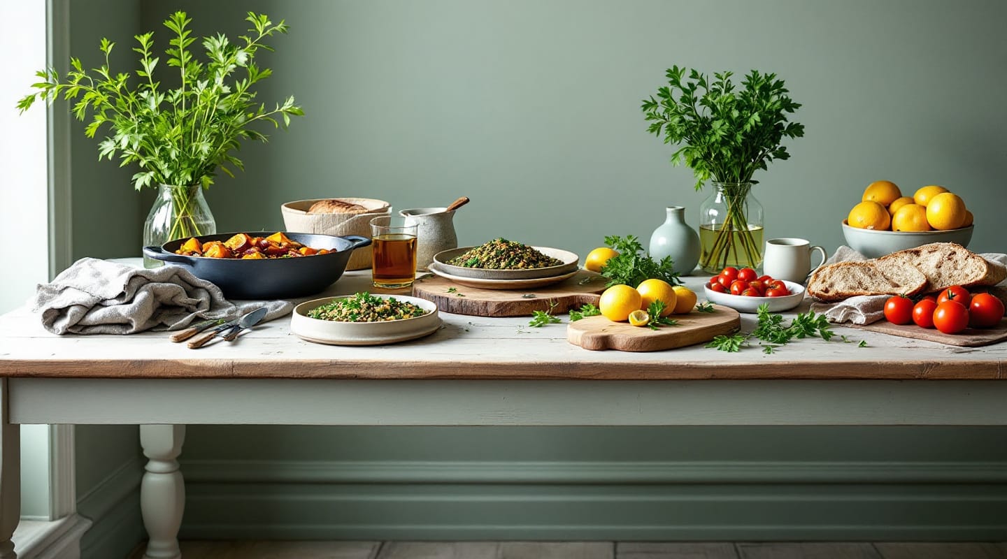 A scrubbed wooden table laid with bowls of roasted vegetables, herbs, lemons and a torn loaf of bread.