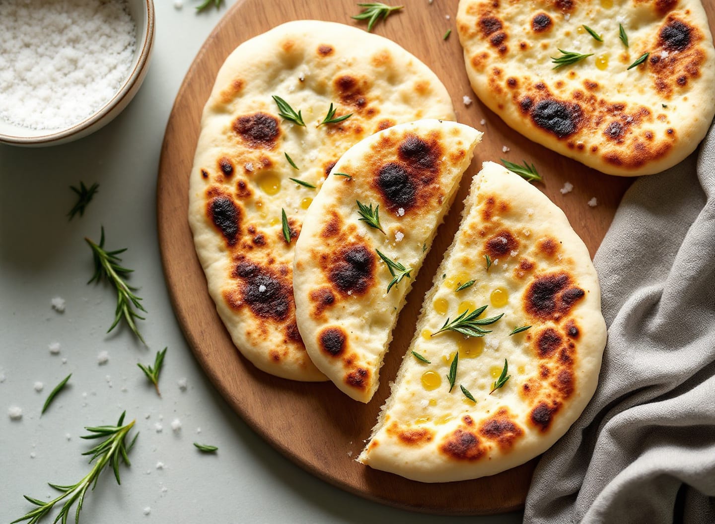 Four blistered flatbreads on a wooden board with charred bubbles, rosemary needles and flakes of sea salt, one torn open.